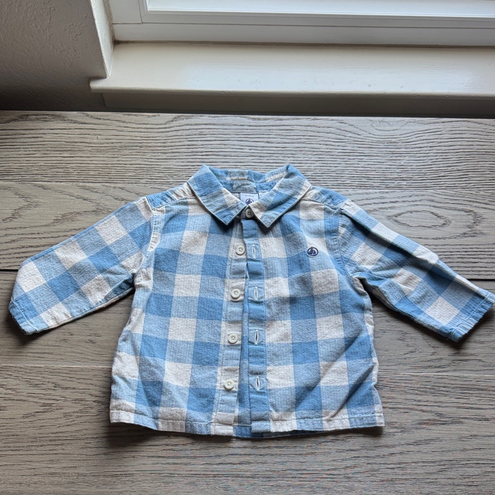 Petit Bateau Blue and White Checkered Kids Shirt excellent condition